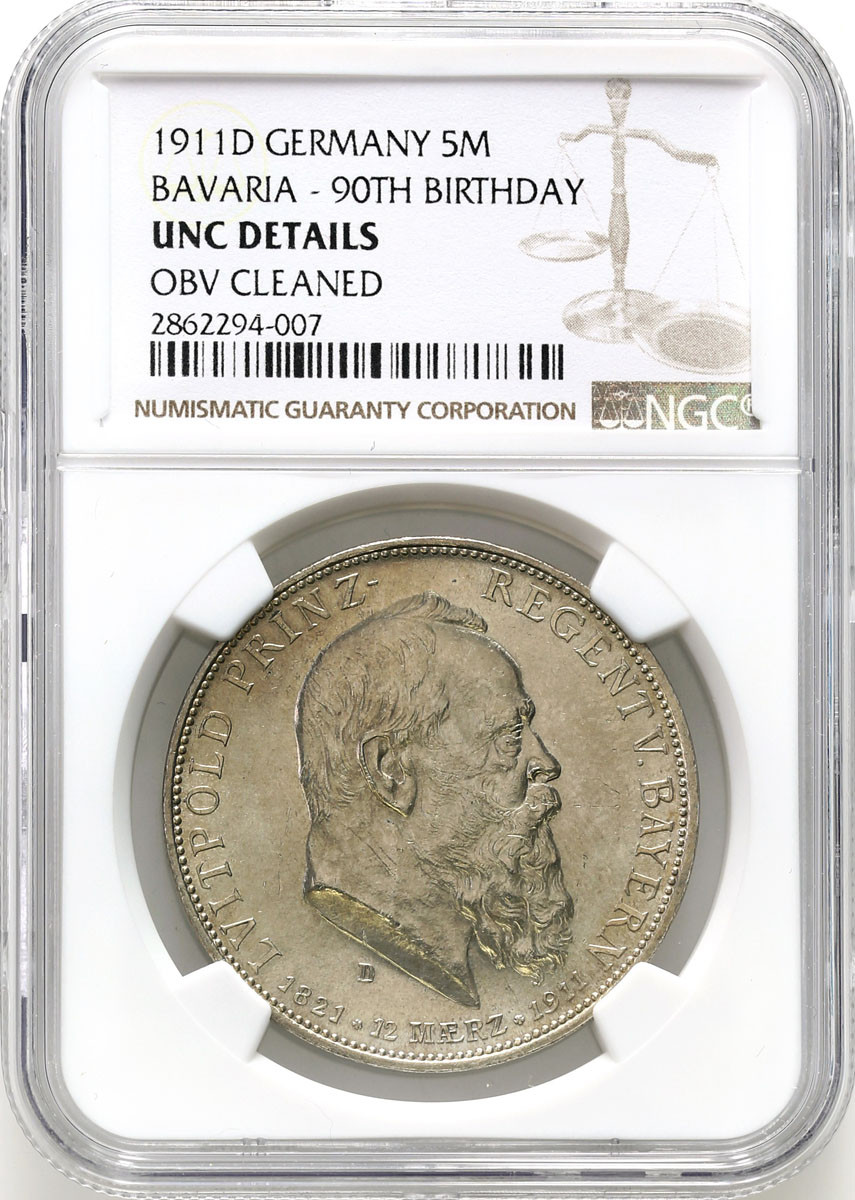 Niemcy, Bawaria. 5 Marek 1911 D, Monachium NGC UNC - PIĘKNE